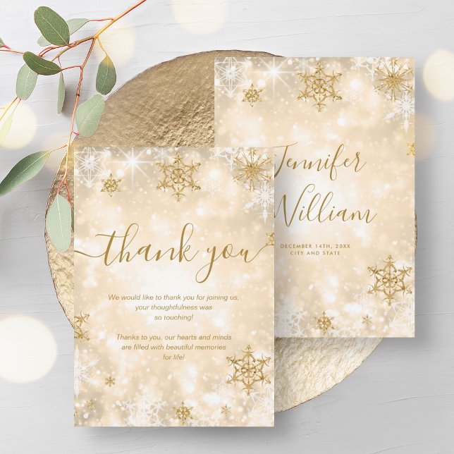 Cartões de agradecimentos de Casamento no inverno  (Festive Sparkle Gold Winter Wedding Thank You Card)
