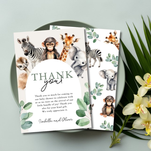 Cartões de agradecimentos de Chá de fraldas de Ani (Jungle Safari Animals Baby Shower Thank You Card)
