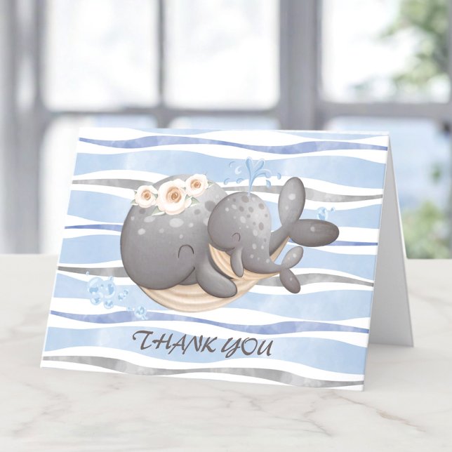 Cartões de agradecimentos de Chá de fraldas de bal (Boy Nautical Whale Baby Shower Thank You Card)