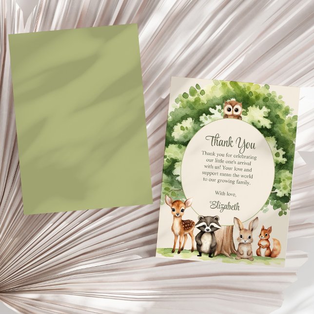 Cartões de agradecimentos de Chá de fraldas de Boh (Boho Woodland Animals Baby Shower Thank You Card on a sunny neutral dry palm leaf.)