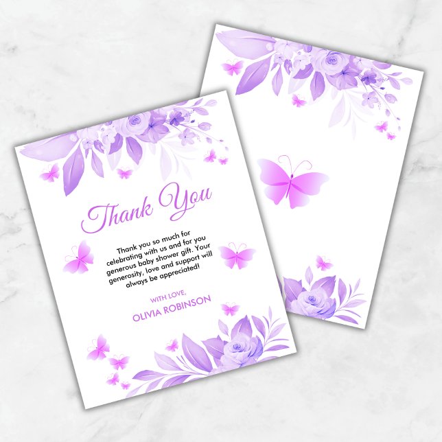 Cartões de agradecimentos de Chá de fraldas de bor (Budget Purple Butterfly Baby Shower Thank You Card )