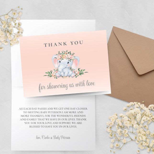 Cartões de agradecimentos de Chá de fraldas de Ele (Elephant Baby Shower Thank You Cards for Sweet Baby Girl with Pink Peach Floral and Greenery)