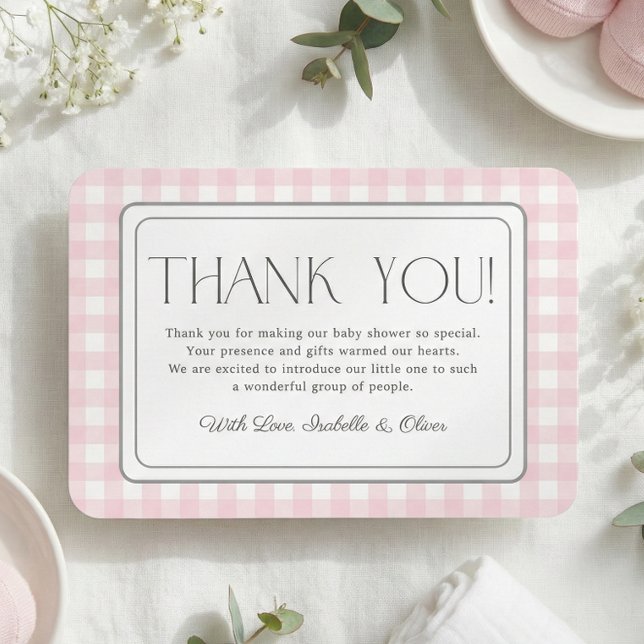 Cartões de agradecimentos de Chá de fraldas de Gar (Pink Gingham Girl Baby Shower Thank You Card)