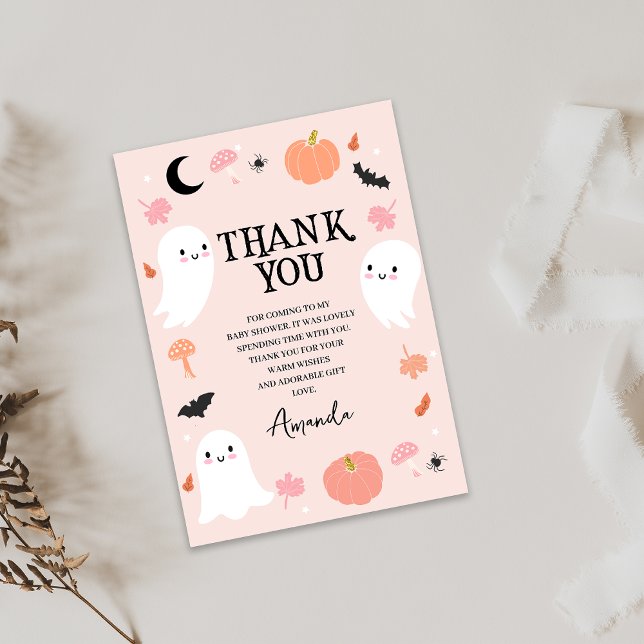 Cartões de agradecimentos de Chá de fraldas de Hal (Pink Halloween Baby Shower Thank You Card Ghosts Our Little Boo Themed Girls Baby Shower Thank You)