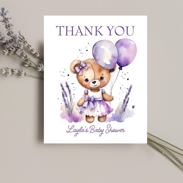 Cartões de agradecimentos de chá de fraldas de urs (Girl teddy bear baby shower thank you card cute teddy bear with a purple dress balloons thank you)