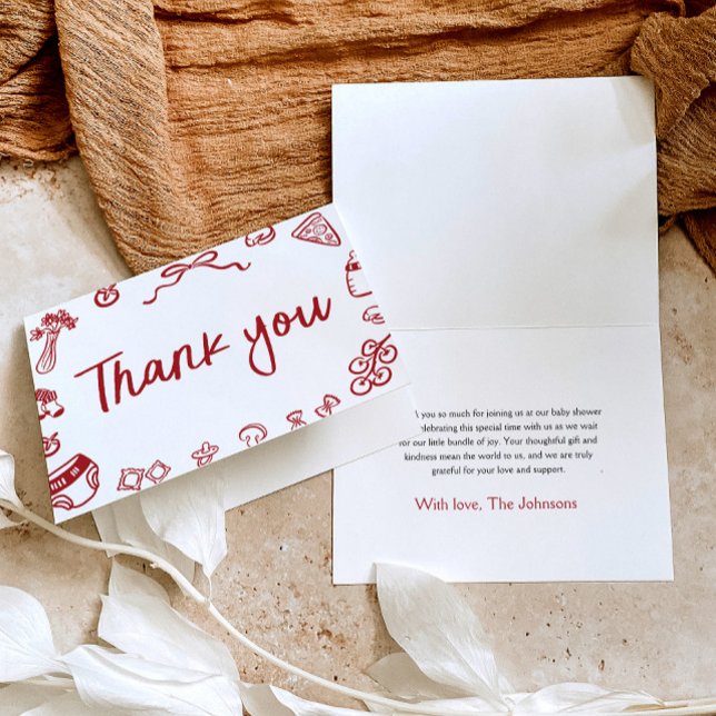 Cartões de agradecimentos De Chá de fraldas Desenh (Red Italian Hand Drawn Baby Shower Thank you Card)