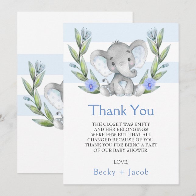 Cartões de agradecimentos de Chá de fraldas Elefan (Frente/Verso)