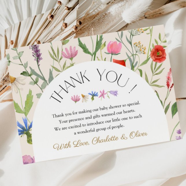 Cartões de agradecimentos de Chá de fraldas Floral (Wildflower Beige Floral Baby Shower Thank You Card)