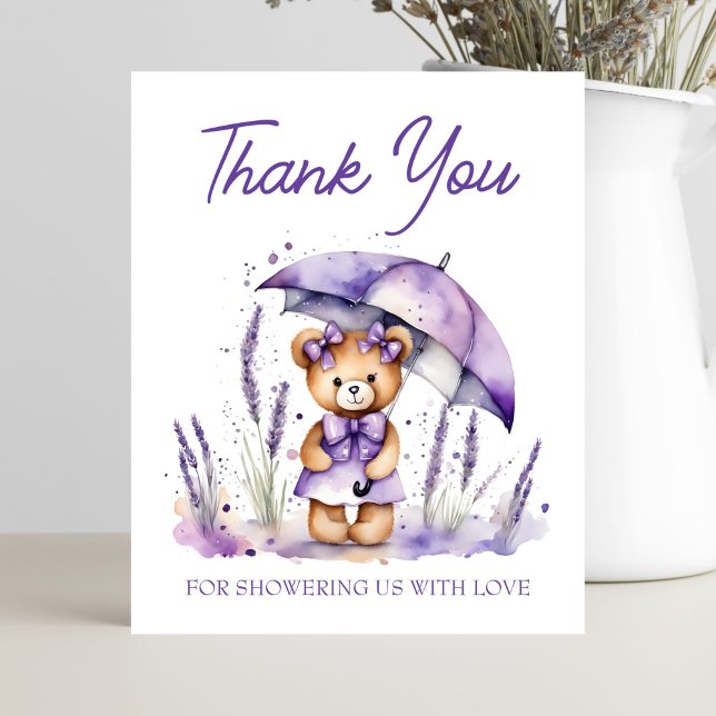 Cartões de agradecimentos de chá de fraldas roxo,  (Purple lavender teddy bear baby shower thank you card template, cute teddy with umbrella thank you )