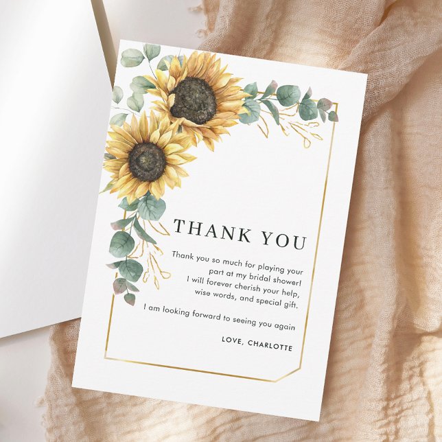 Cartões de agradecimentos de Chá de panela de gira (Sunflower Script Bridal Shower Thank You Card)