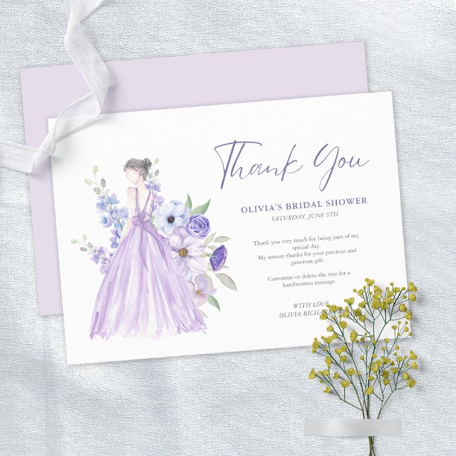 Cartões de agradecimentos de Chá de panela de Scri (Purple Flower Script Bridal Shower Thank You Card)