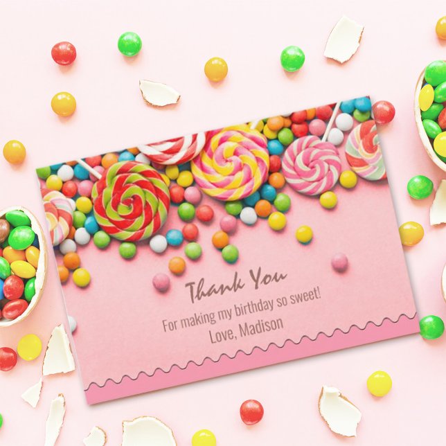 Cartões de agradecimentos de Compro Candy Sweet (Candy Sweet Shop Thank You Card, design features colorful pastel color candies. #sweetshop #candy)