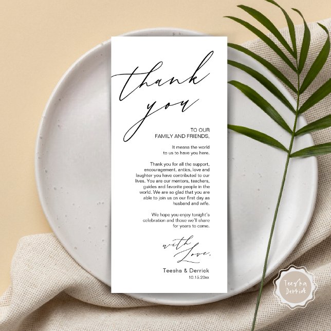 Cartões de agradecimentos de Configuração de Local (Wedding Place Setting Dinner Thank You Card, Modern Romantic Script, in Black and White)