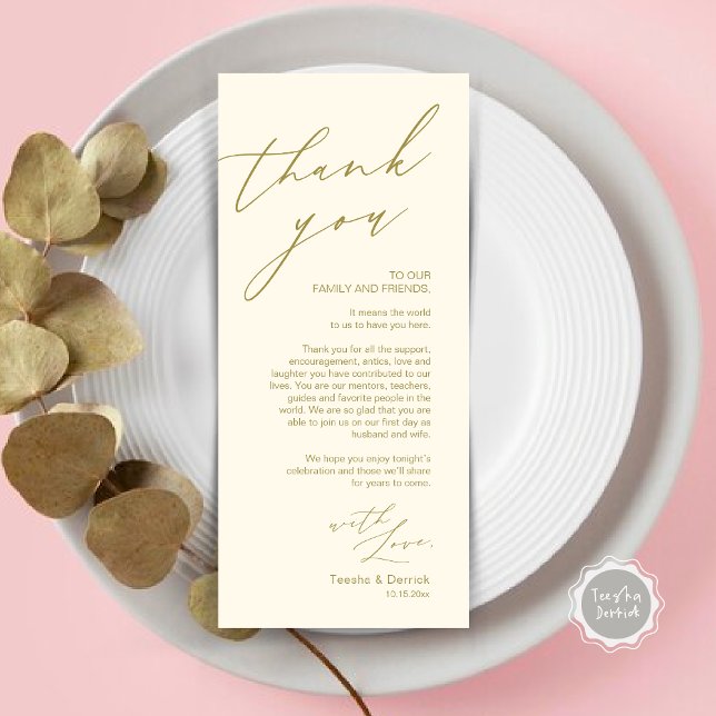 Cartões de agradecimentos de Configuração de Local (Wedding Place Setting Dinner Thank You Card, Modern Romantic Script, in Classy Yellow Gold)