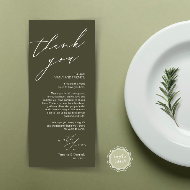 Cartões de agradecimentos de Configuração de Local (Wedding Place Setting Dinner Thank You Card, Modern Romantic Script, in Olive Green)