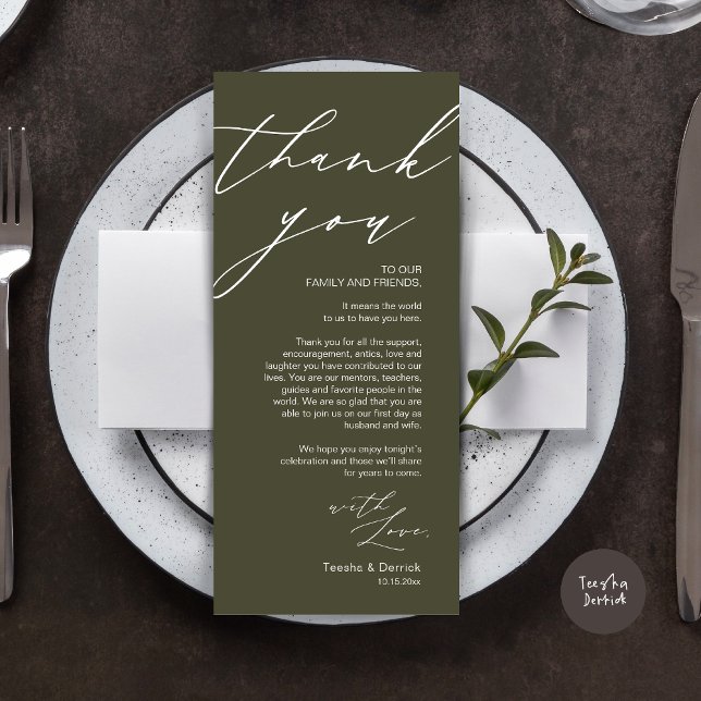 Cartões de agradecimentos de Configuração de Local (Wedding Place Setting Dinner Thank You Card, Modern Romantic Script, in Olive Green)