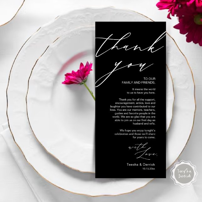 Cartões de agradecimentos de Configuração de Local (Wedding Place Setting Dinner Thank You Card, Modern Romantic Script, in Classy Black)