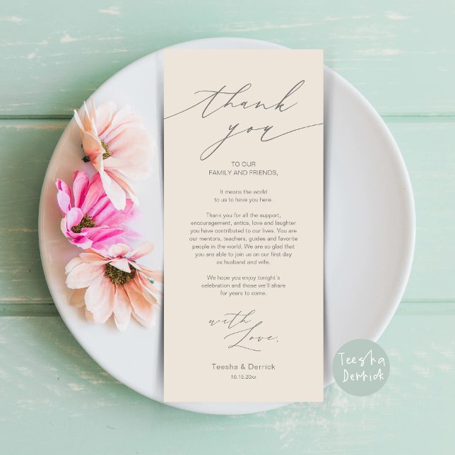 Cartões de agradecimentos de Configuração de Local (Minimalist Wedding Dinner Place Setting Thank You Card, plate decor in Dark Grey Cream)
