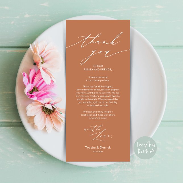 Cartões de agradecimentos de Configuração de Local (Minimalist Wedding Dinner Place Setting Thank You Card, plate decor in Copper Rust Brown)