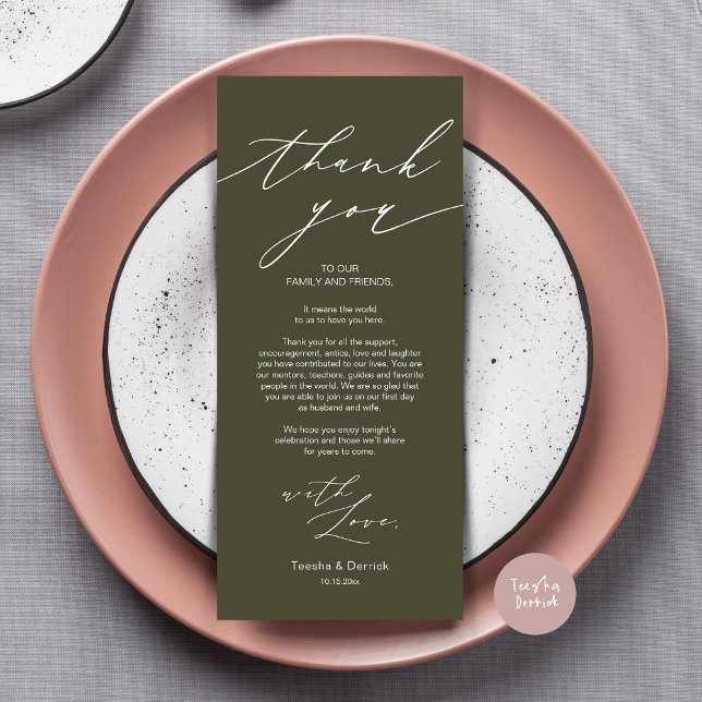 Cartões de agradecimentos de Configuração de Local (Wedding Dinner Place Setting Thank You Card, Modern Minimalist Design, in Olive Green)