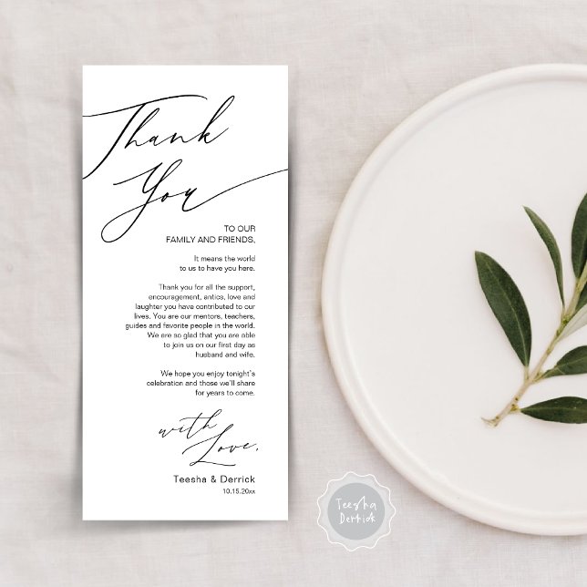 Cartões de agradecimentos de Configuração de Local (Wedding Dinner Place Setting Thank You Card, Modern Minimalist, in Black and White)