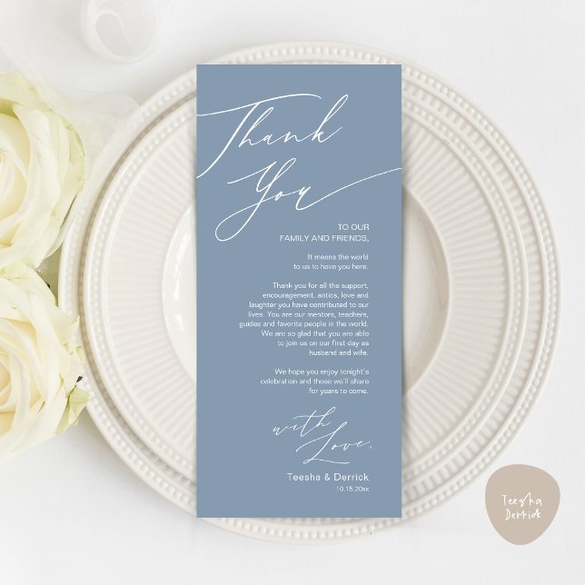 Cartões de agradecimentos de Configuração de Local (Wedding Dinner Place Setting Thank You Card, Modern Minimalist, in Dusty Blue)
