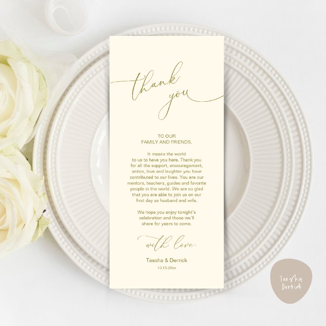 Cartões de agradecimentos de Configuração de Local (Wedding Dinner Celebration Place Setting Thank You Modern Romantic Card in Yellow Gold)