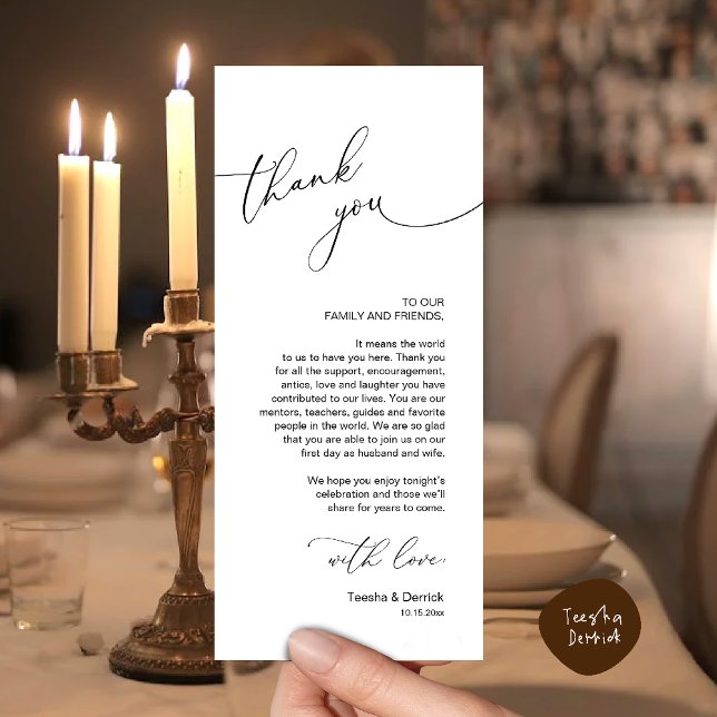 Cartões de agradecimentos de Configuração de Local (Wedding Dinner Celebration Place Setting Thank You Modern Romantic Card in Black White)