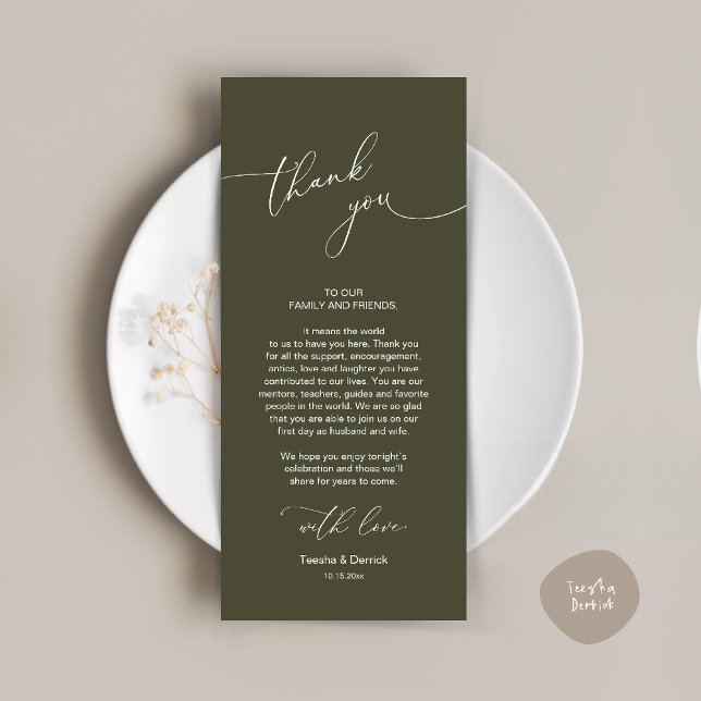 Cartões de agradecimentos de Configuração de Local (Wedding Dinner Celebration Place Setting Thank You Modern Romantic Card in Olive Green)