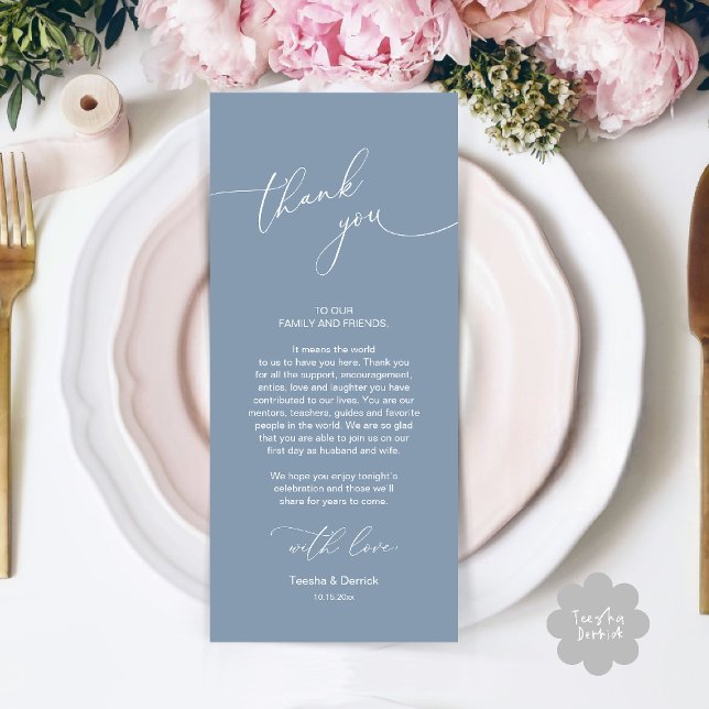 Cartões de agradecimentos de Configuração de Local (Wedding Dinner Celebration Place Setting Thank You Modern Romantic Card in Dusty Blue)