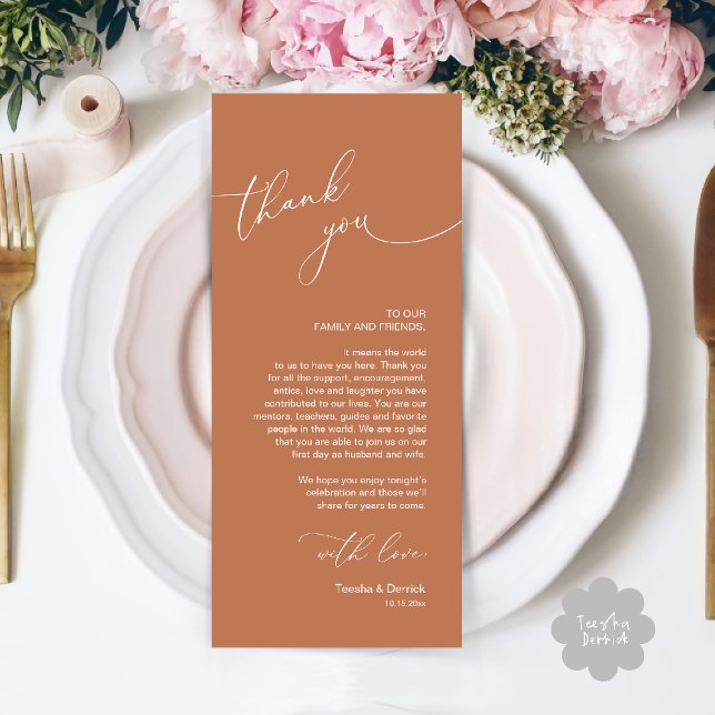 Cartões de agradecimentos de Configuração de Local (Wedding Dinner Celebration Place Setting Thank You Modern Romantic Card in Copper Brown Terracotta)