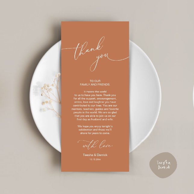 Cartões de agradecimentos de Configuração de Local (Wedding Dinner Celebration Place Setting Thank You Modern Romantic Card in Copper Brown Terracotta)