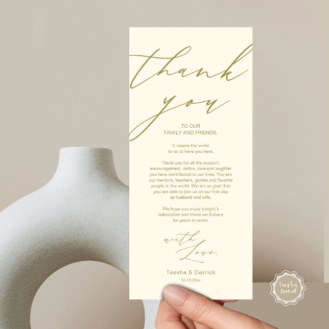 Cartões de agradecimentos de Configuração de Local (Wedding Dinner Place Setting Thank You Card, in Modern Minimalist Script, Classy Gold)