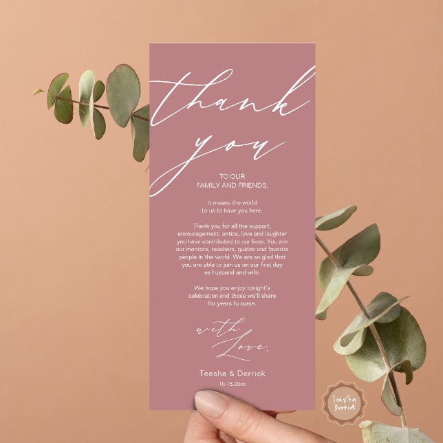 Cartões de agradecimentos de Configuração de Local (Wedding Dinner Place Setting Thank You Card, in Modern Minimalist Script, Dusty Rose Pink)