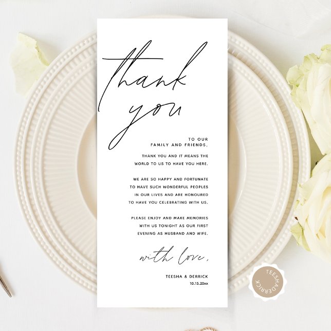 Cartões de agradecimentos de Configuração de Local (Modern Minimalist Wedding Place Setting Thank You Card, Dinner Plate Decor, Online Editable)
