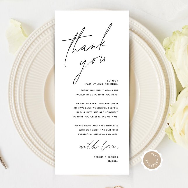 Cartões de agradecimentos de Configuração de Local (Modern Minimalist Wedding Place Setting Thank You Card, Dinner Plate Decor, Online Editable)