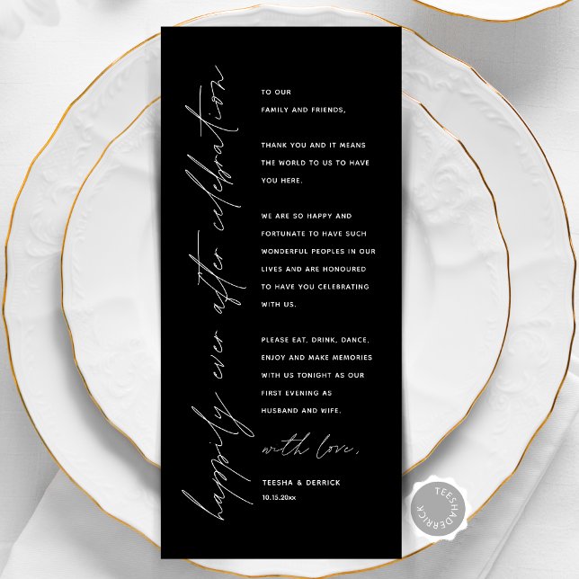 Cartões de agradecimentos de Configuração de Local (Happily Ever After, Wedding Place Setting Thank You Card, Elopement Dinner Celebration, Black White)