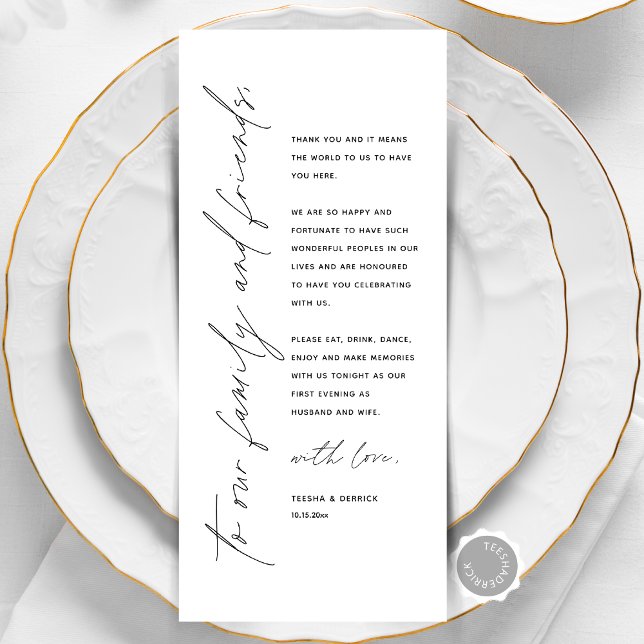 Cartões de agradecimentos de Configuração de Local (Modern Minimalist Wedding Place Setting Thank You Card, Family and Friends, Online Editable)