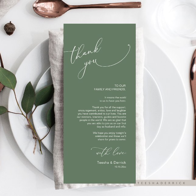 Cartões de agradecimentos de Configuração de Local (Modern Romantic Wedding Place Setting Thank You Card, Dinner / Brunch Plate Decoration, Sage Green )