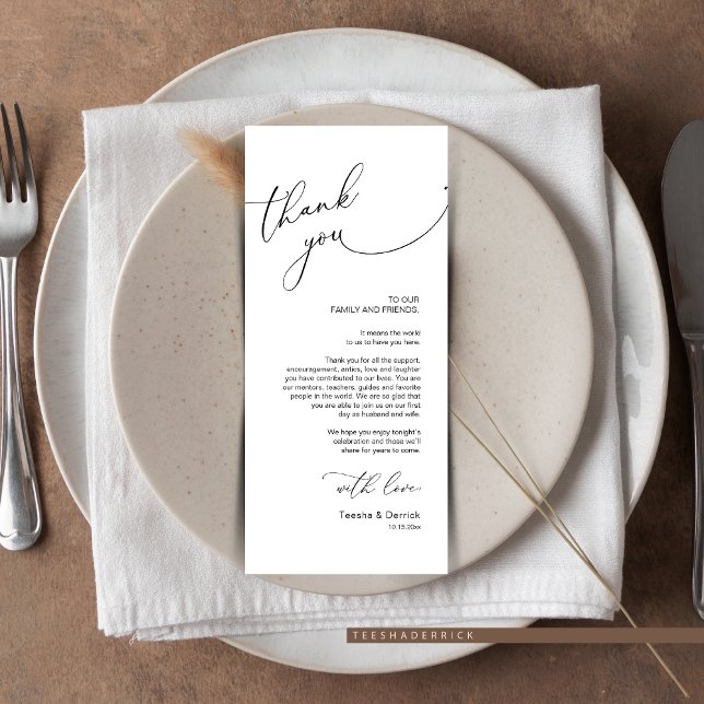 Cartões de agradecimentos de Configuração de Local (Wedding Place Setting Thank You Card. in Modern Wedding Dinner Or Brunch, Romantic Script Design)