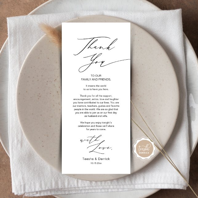 Cartões de agradecimentos de Configuração de Local (Wedding Dinner Place Setting Thank You Card, in Modern Gentle Script, Black themed, Plate Decor.)