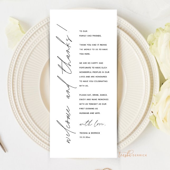 Cartões de agradecimentos de Configuração de Local (Welcome and Thanks, Wedding Place Setting Thank You Card, Elopement Dinner, Modern Minimal theme)