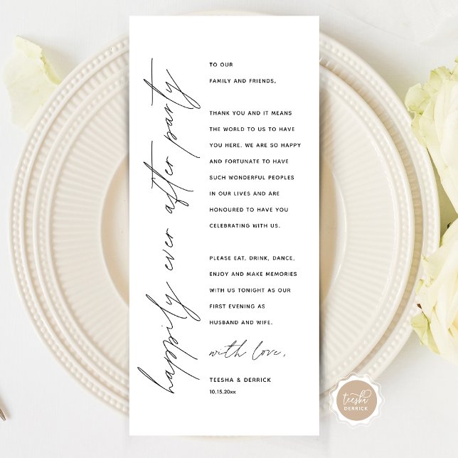 Cartões de agradecimentos de Configuração de Local (Wedding Happily Ever After Dinner Party Place Setting Thank You Card, in Modern Minimalist Script)