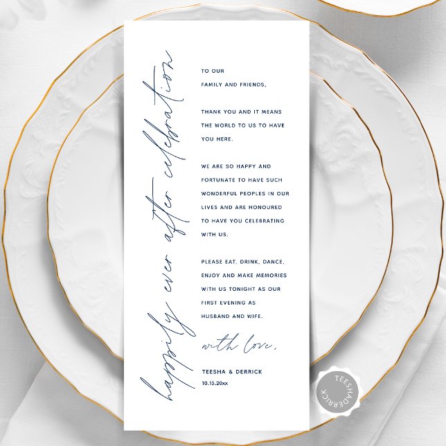 Cartões de agradecimentos de Configuração de Local (Happily Ever After, Wedding Place Setting Thank You Card, Elopement Dinner Celebration, Navy Blue)
