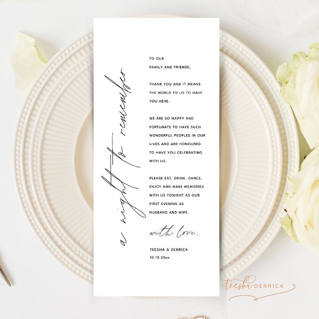 Cartões de agradecimentos de Configuração de Local (A night to remember, Modern Minimalist Wedding Dinner Place Setting Thank You Card)