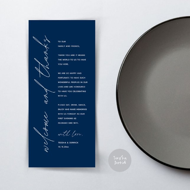Cartões de agradecimentos de Configuração de Local (Wedding Dinner Place Setting Thank You Card, Modern Minimalist, in Navy blue)