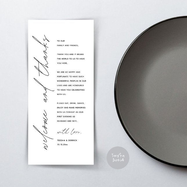 Cartões de agradecimentos de Configuração de Local (Wedding Dinner Place Setting Thank You Card, Modern Minimalist, in Black and White)