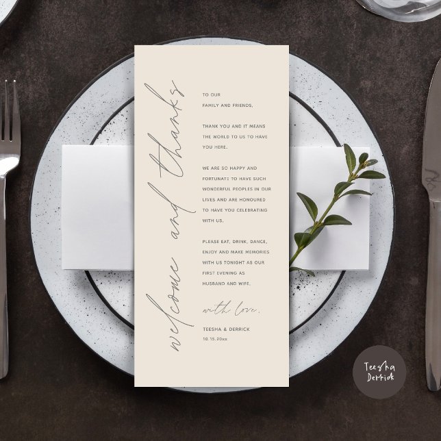 Cartões de agradecimentos de Configuração de Local (Wedding Dinner Place Setting Thank You Card, Modern Minimalist, in Cream Dark Grey)