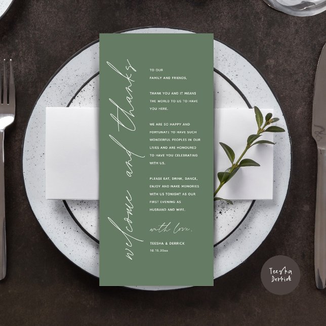 Cartões de agradecimentos de Configuração de Local (Wedding Dinner Place Setting Thank You Card, Modern Minimalist, in Sage Green)