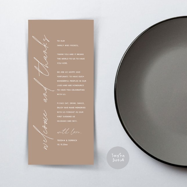 Cartões de agradecimentos de Configuração de Local (Wedding Dinner Place Setting Thank You Card, Modern Minimalist, in Warm Taupe)